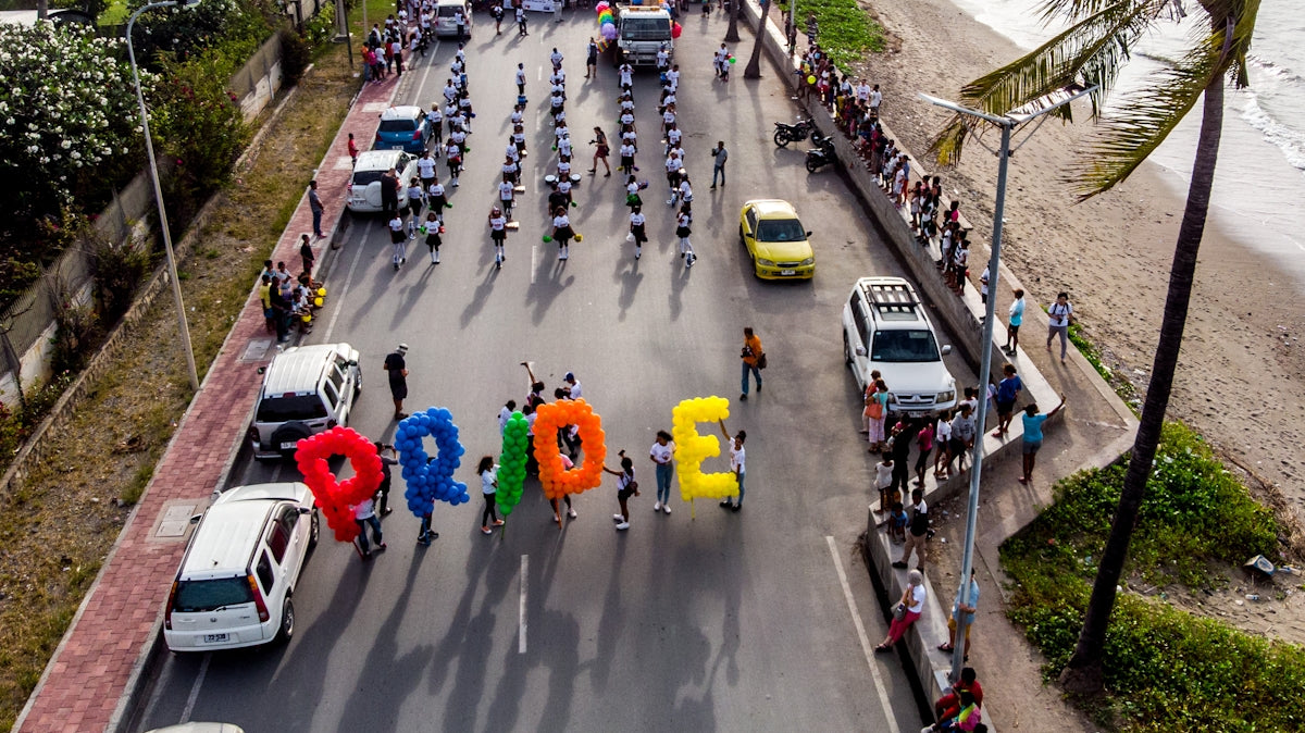group of person walking on road carrying Pride balloons