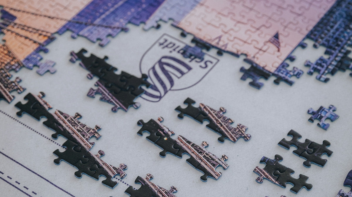 blue red and white jigsaw puzzle
