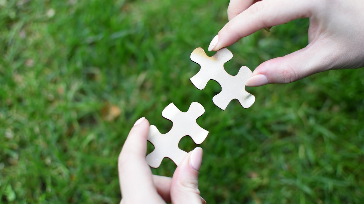 a person holding a piece of a puzzle in their hands