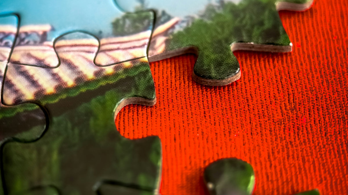 a piece of a puzzle with a picture of a bridge on it