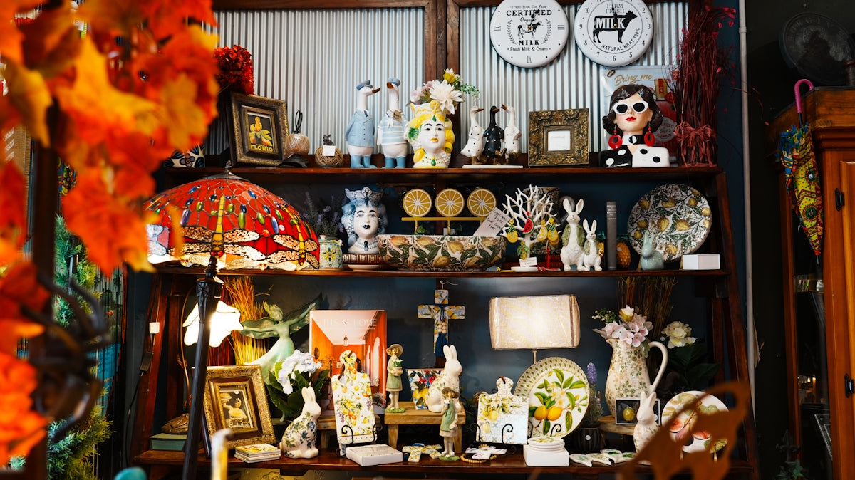 Shelves filled with various decorative items and knick-knacks.