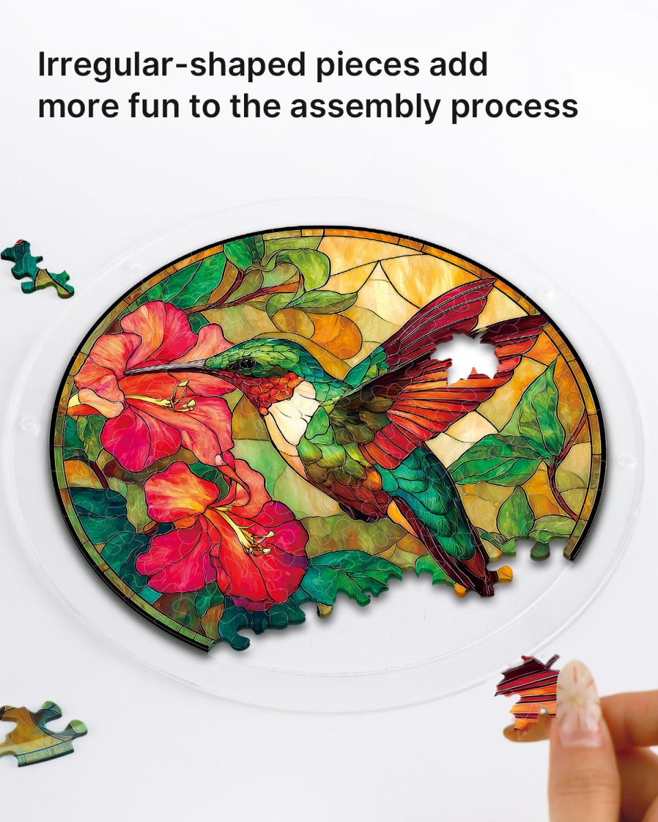 83 - piece Acrylic Jigsaw Puzzle Suncatcher - Emerald Flame Hummingbird - KAAYEE Puzzle