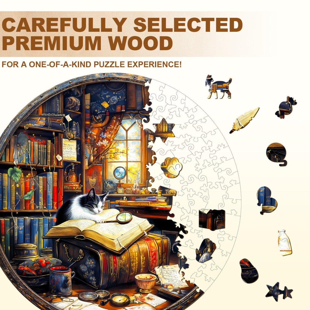 Whiskers Library - 1 Wooden Jigsaw Puzzle - KAAYEE Puzzle