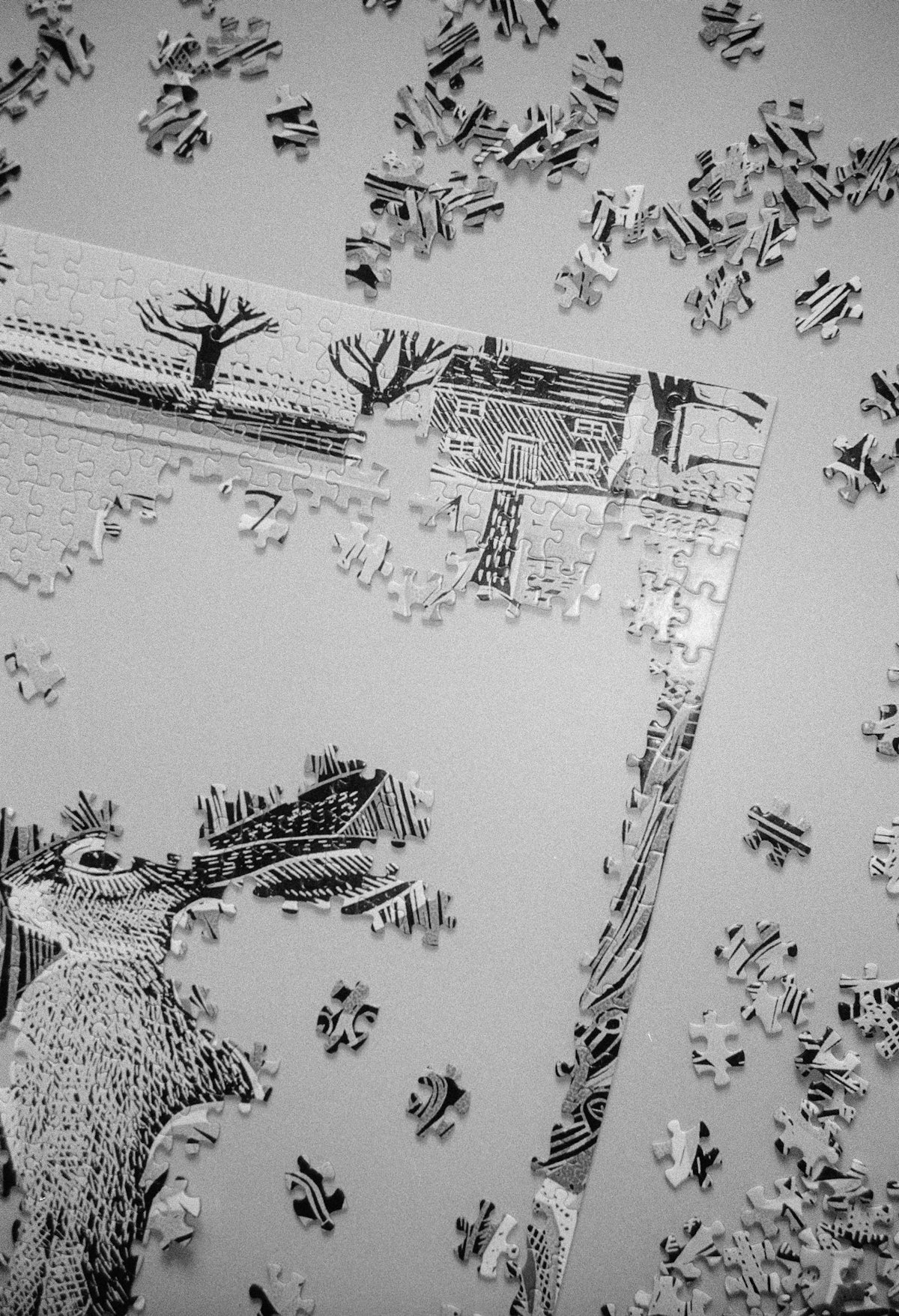 Scattered puzzle pieces and partially assembled puzzle