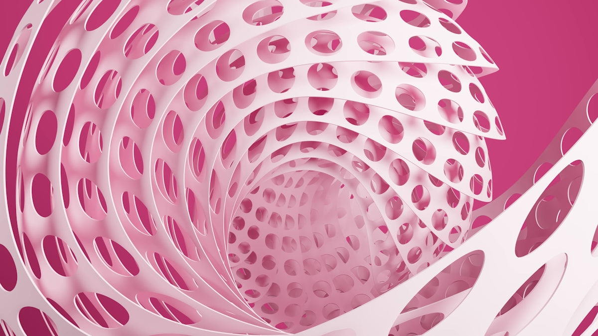 White perforated spiral abstract structure on a pink background.